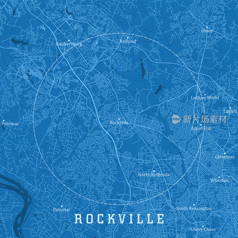 Rockville MD城市矢量地图蓝色文本